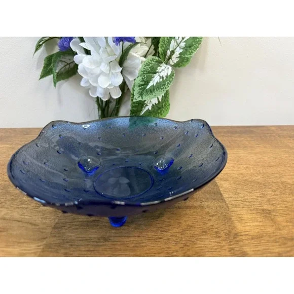Vintage Cobalt Blue Textured Three Footed Console Bowl MCM Decor Kitchen Dining‎ - Picture 3 of 6